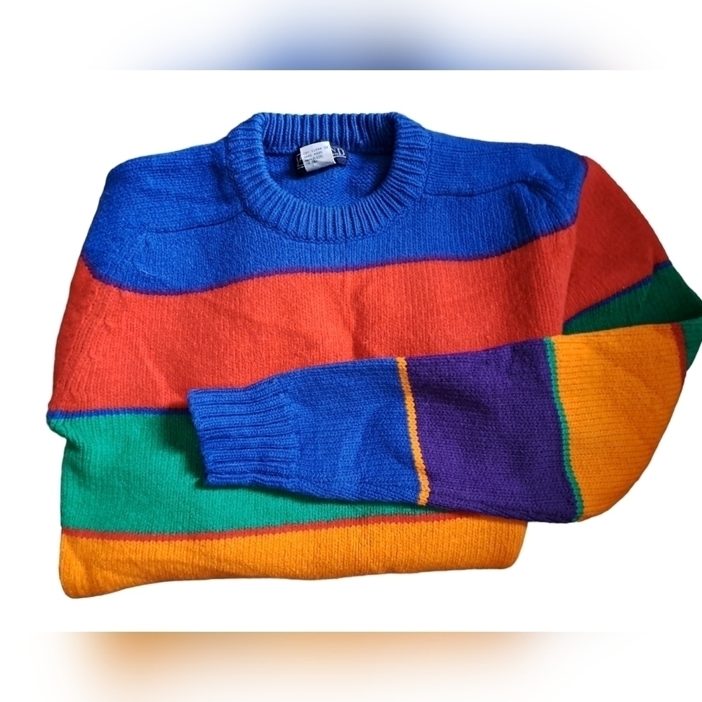 VTG Lands' End 100% Wool sweater colorblock bold stripe crewneck preppy mens